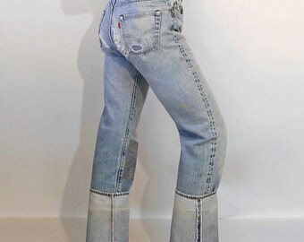 60s Patched Redline Levi's 501 Jeans 28x35.5 / Vintage 1960s 1970s Levi's Faded Ripped Painted 501 Red Line Selvedged Seam Jeans