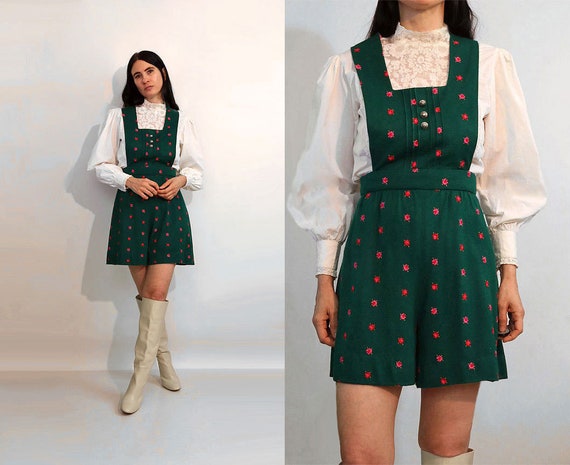 Forest Embroidered Knit Shortalls / Overall Shorts