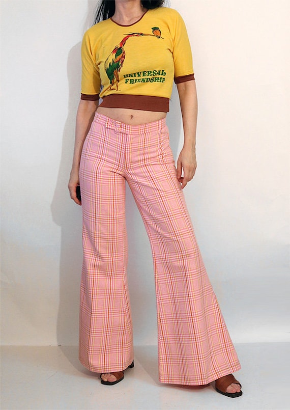 70s Pink Plaid Bell Bottom Pants 29.5x31.5 / Vintage 1970s Pink Orange N  Yellow Plaid Cotton Bellbottom Pants -  Norway