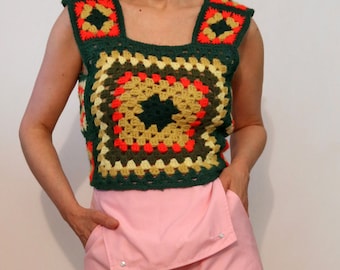 Top de ganchillo estilo años 70 con estampado de abuela / Top de tirantes de lana de ganchillo estilo vintage de los años 60 y 70 / Top de suéter de ganchillo multicolor