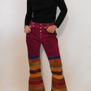 70s Rainbow Striped Suede Bell Bottoms 29x31 / Vintage 1960s 1970s Maroon Purple Red Multi-colored Stripe Suede Leather Flared Leg Pants image 3
