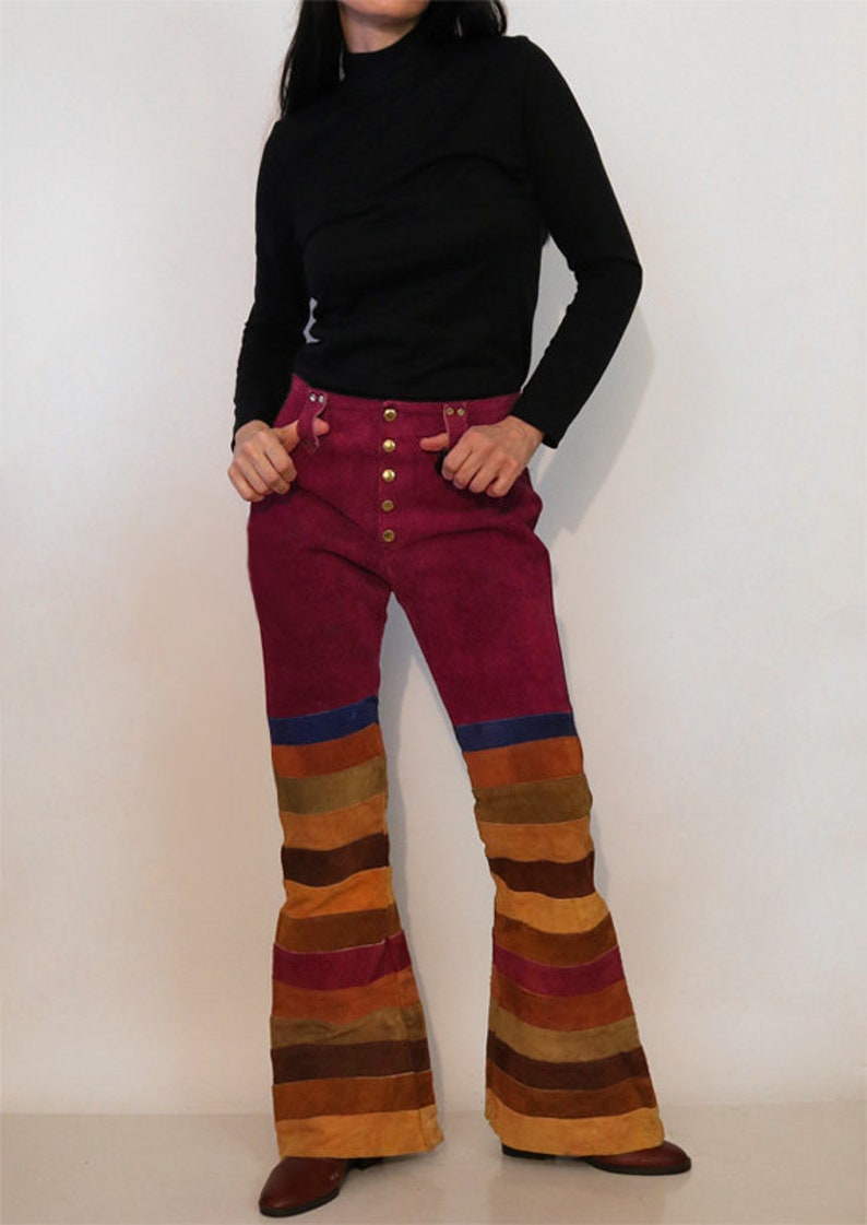 70s Rainbow Striped Suede Bell Bottoms 29x31 / Vintage 1960s 1970s Maroon Purple Red Multi-colored Stripe Suede Leather Flared Leg Pants image 3