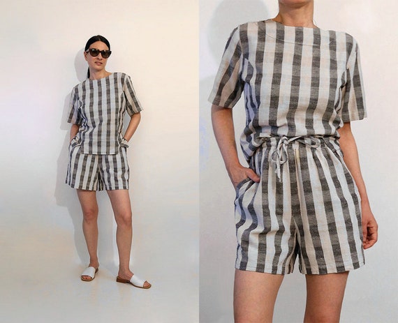 Striped India Cotton 2 Pc Shorts Set / Vintage 198