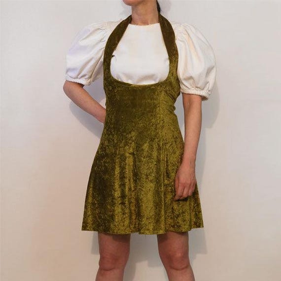Chartreuse Velour Halter Overall Dress / Vintage 1990s Yellow Green Crushed Velour Mini Skater Suspender Dress / 90s Mini Apron Dress