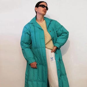 Eddie Bauer Down Quilted Puffer Coat , Vintage 80s Eddie Bauer Teal Cotton Down Filled Belted Maxi Quilt Puffer Coat