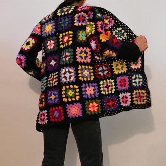 70s Rainbow Crochet Granny Square Knit Cardigan / Vintage 70s Rainbow Crochet Granny Square Knit Cardigan / Vintage