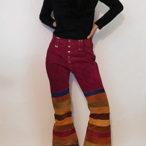 70s Rainbow Striped Suede Bell Bottoms 29x31 / Vintage 1960s 1970s Maroon Purple Red Multi-colored Stripe Suede Leather Flared Leg Pants image 6