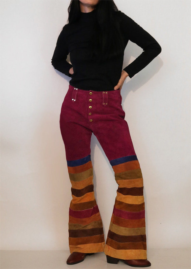 70s Rainbow Striped Suede Bell Bottoms 29x31 / Vintage 1960s 1970s Maroon Purple Red Multi-colored Stripe Suede Leather Flared Leg Pants image 6