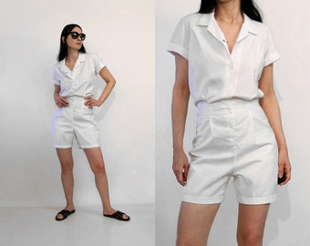 NWOT 50s White Cotton Gym Romper / Rare Vintage 1950s Deadstock White Cotton Gym Shorts Romper / 1950s White Shorts Jumpsuit