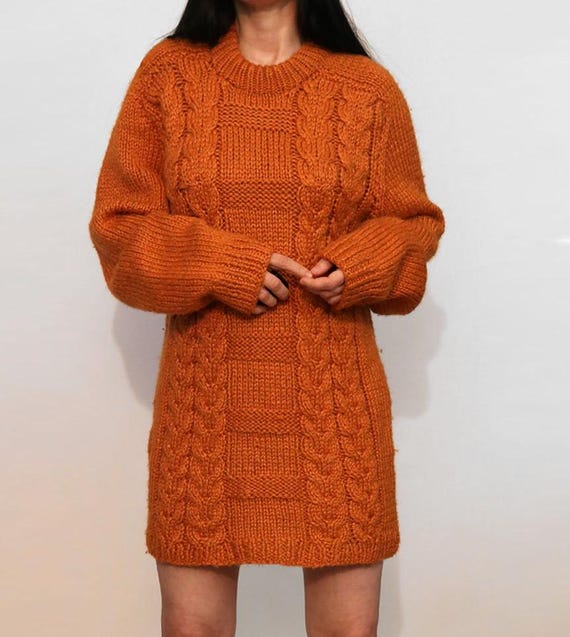 70s Titian Mohair Cable Knit Dress / Vintage 1970s Burnt Orange Cable Knit Mohair Wool Long Sweater or Dress / Rust Orange Mohair Jumper