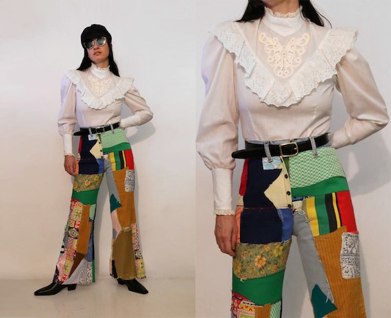 70s Embroidered Mutton Sleeve Ruffled Blouse / Vi… - image 1