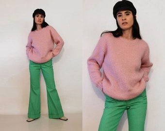 Puce Mohair Ribbed Knit Sweater / Vintage 1970s 1980s Dusty Rose Pink Ribbed Mohair Wool Sweater / Oversized Pink Knit Mohair Jumper