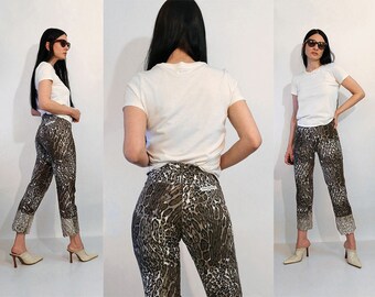 Leopard Print Pants Made in France 24x32, Vintage 1980s French Designer Leopard Jeans, 24 25 Waist Taupe White & Black Animal Print Pants