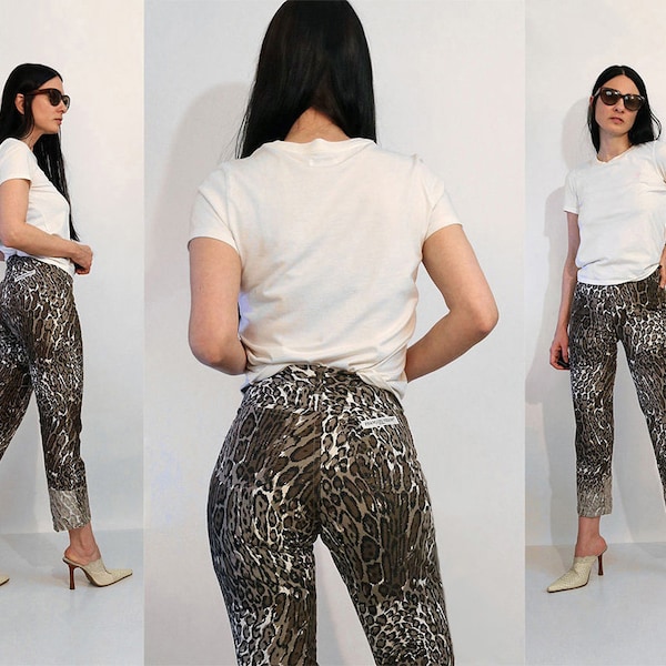 Leopard Print Pants Made in France 24x32, Vintage 1980s French Designer Leopard Jeans, 24 25 Waist Taupe White & Black Animal Print Pants