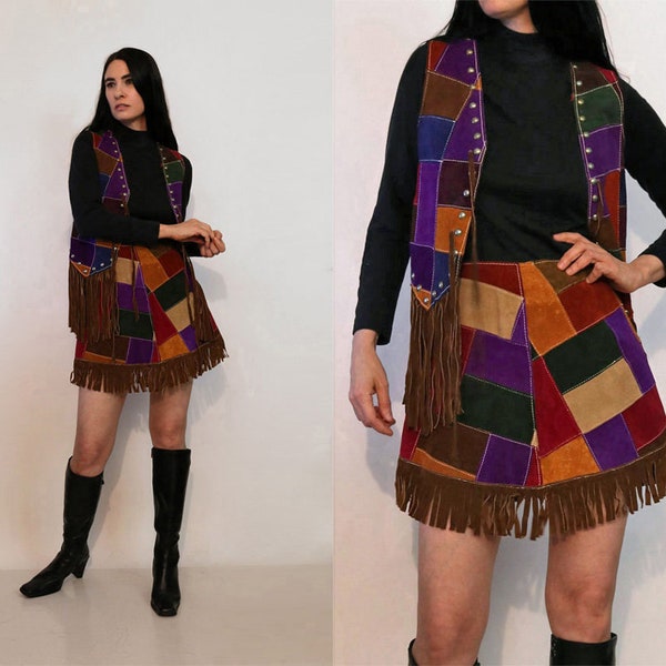 70s Rainbow Patchwork Suede Fringed 2pc Skirt Set / Vintage 1970s 2 Piece Studded Leather Multicolored Patchwork Fringe Skirt + Vest Enemble