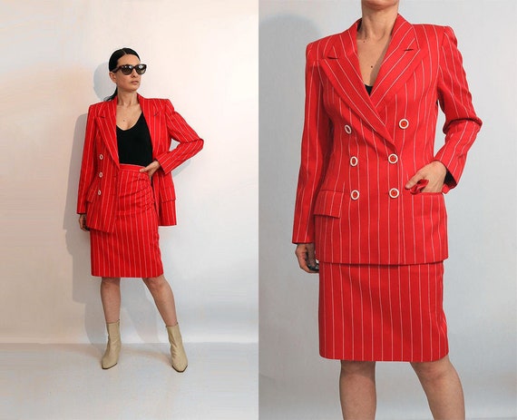 Ungaro Red and White Pinstriped Skirt Suit, Vinta… - image 1