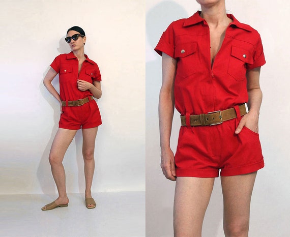 70s Cherry Denim Zip Romper / Vintage 1970s 1980s