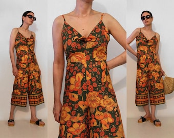 70s Bird & Floral Palazzo Jumpsuit / Vintage 1970s 1980s Forest Marigold n Tangerine Ethnic India Floral Bird Print Wide Leg Jumpsuit