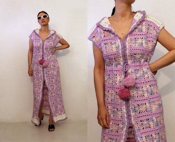 70s Lilac Crochet Granny Square Wool Dress / Vint… - image 1