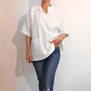 70s Ribbon Striped Cotton Pocket Blouse / Vintage 1970s Oversized Textured White Cotton Button Down Neck Tunic Shirt w/ Ribbon Stripes