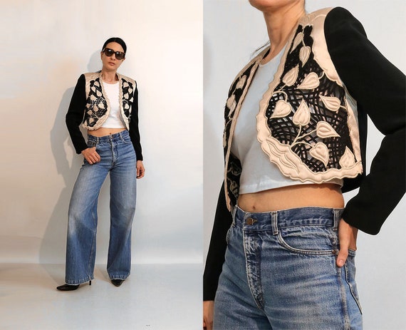 Cut Out Leaf Quilted Jacket / Vintage 1980s black
