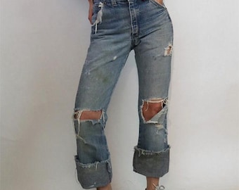 Jeans Ely scoloriti e usurati anni '70, taglia 29x32.5, denim vintage anni '70 a gamba dritta e svasata, jeans strappati con vita 29-30.