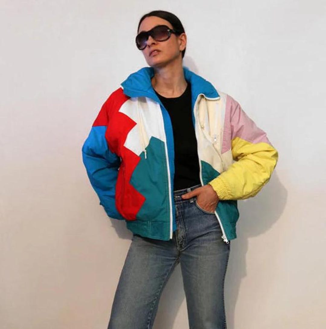 Abstract Color Block Puffer Jacket W/ Hood / Vintage 1980s Abstract Color Block Puffer Jacket W/ Hood / Vintage 1980s