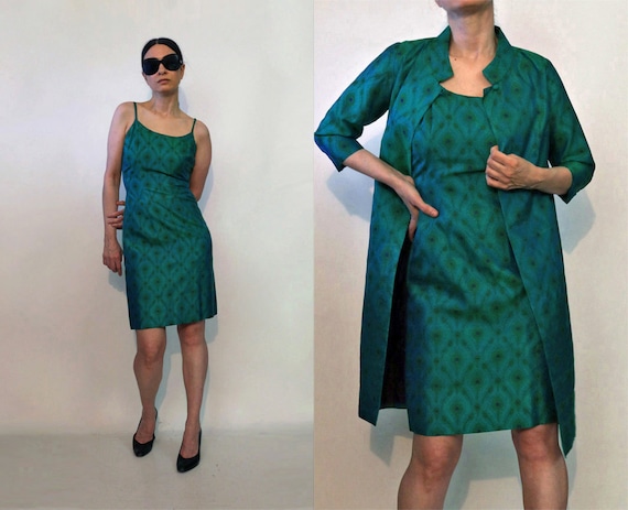 50s Jade Silk 2 Pc Dress Set, Vintage 1950s Blue … - image 1