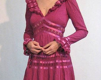 70s Ruffled Crochet Cotton Dress / Vintage 1970s Marsala Crochet Pin Pleated  Frilled Maxi Dress / Vintage 1970s Mexican Ribbon Dress