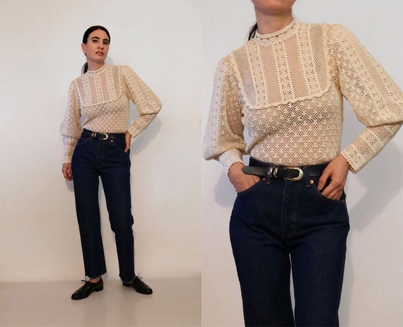 70s Crochet Cotton Lace Mutton Sleeve Blouse /