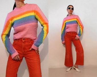 Candy Rainbow Striped Knit Sweater / Vintage 1980s Dark Pastel Pink Rainbow Stripe Sweater / 80s Stripes Rainbow Sweater
