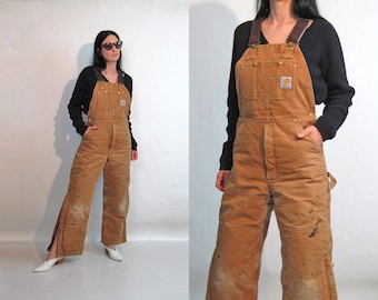 Faded Camel Overalls with Quilted Lining, Vintage 1980s Carhartt Quilt Lined Overalls, Tan Flared Overalls with Zipper Legs