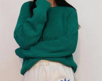 Suéter de punto acanalado de algodón verde azulado de Eddie Bauer, suéter de punto verde azulado Eddie Bauer Black Label vintage de los años 80, suéter de algodón verde de los años 80