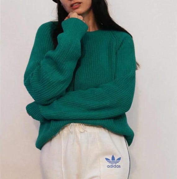 Eddie Bauer Teal Cotton Ribbed Knit Sweater , Vintage 1980s Eddie 