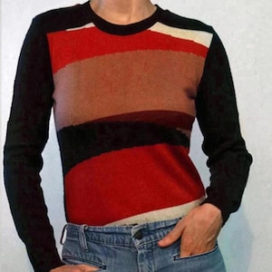70s Abstract Color Block Knit Sweater , Vintage 1970s Multi-color Jumper , 70s Brown Orange White Abstract Sweater Top , Colorblock Top