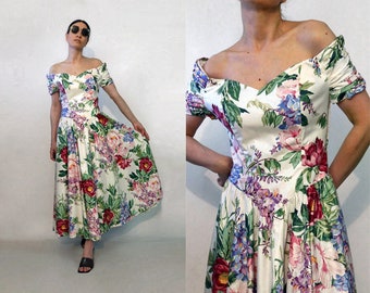 80s Floral Cotton Off Shoulder Dress / Vintage 1980s Off White Cabbage Rose Cotton Boned Maxi Dress / Off Shoulder Maxi Corset Dress