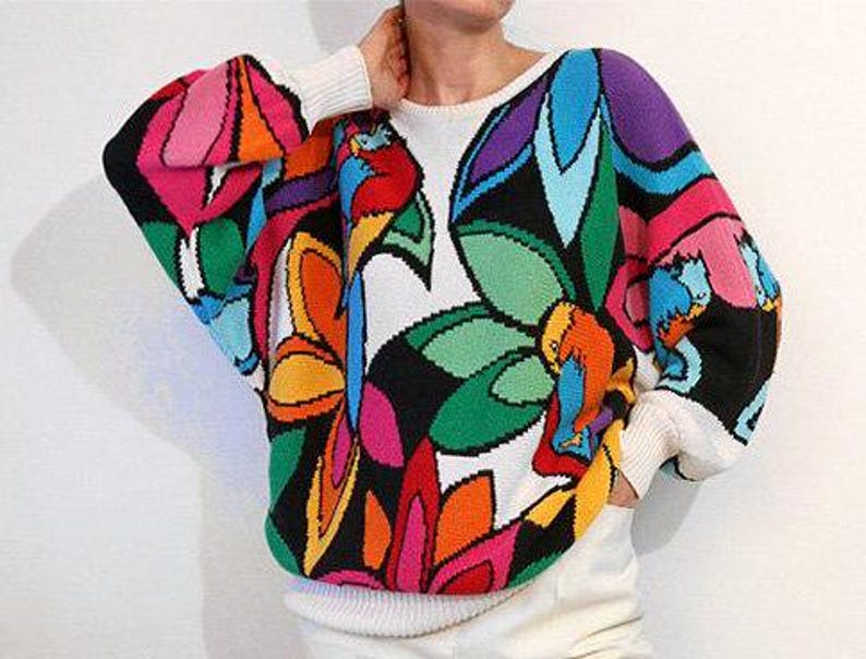 Suéter de punto de algodón tropical arcoíris, jersey vintage I.B. Diffusion blanco multicolor con estampado de jungla, suéter con estampado de guacamayo imagen 3
