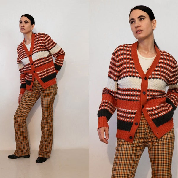 60s Mohair Cable Knit Striped Cardigan / Vintage 1960s Burnt Orange Black Off White Stripes Mohair Wool Knit Cardi / Cardigan Jumper