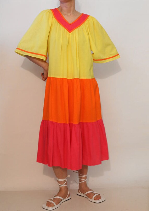 Color Block Cotton Gauze Caftan / Vintage 1970s 1… - image 4