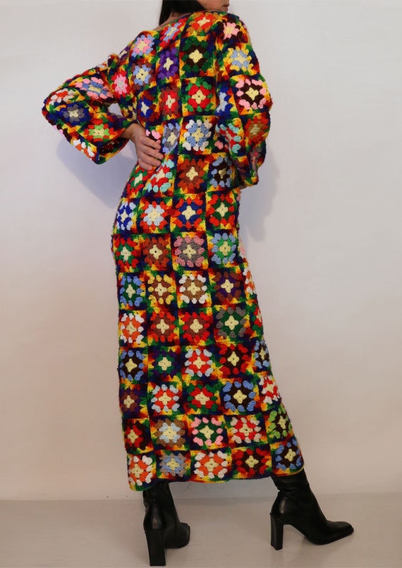 70s Rainbow Granny Square Crochet Wool Dress / Ra… - image 9