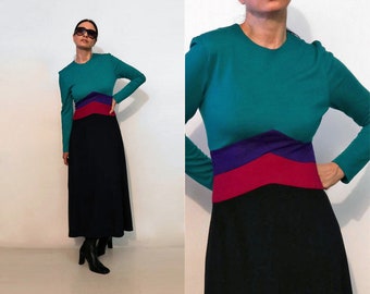 Color Block Wool Knit Dress / Vintage 1980s Black & Rainbow Colorblock Wool Knit Maxi Dress / Black Teal Magenta Purple Sweater Dress