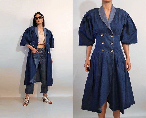 Italian Puffed Sleeve Denim Dress or Coat / Vintag