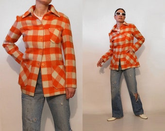 60s/70s Orange & White Check Wool Jacket / Vintage 1960s 1970s Orange n Off White Checkered Wool Transitional Weather Jacket