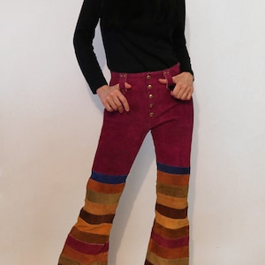 70s Rainbow Striped Suede Bell Bottoms 29x31 / Vintage 1960s 1970s Maroon Purple Red Multi-colored Stripe Suede Leather Flared Leg Pants image 5