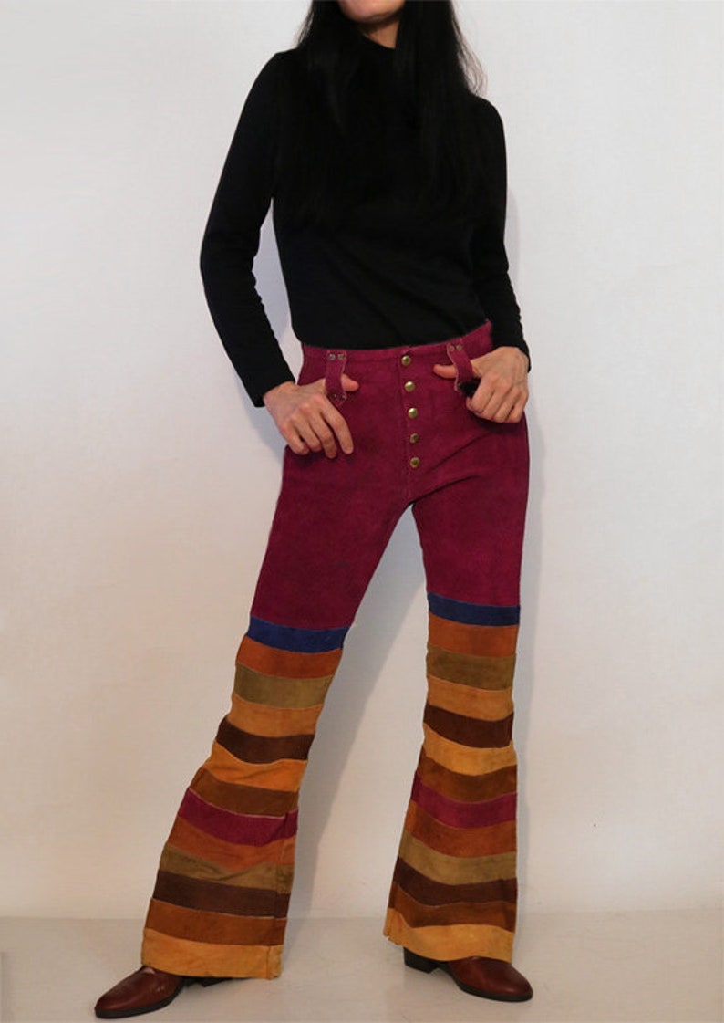 70s Rainbow Striped Suede Bell Bottoms 29x31 / Vintage 1960s 1970s Maroon Purple Red Multi-colored Stripe Suede Leather Flared Leg Pants image 5