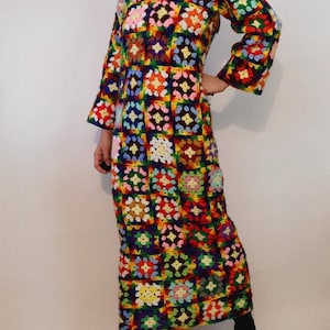 70s Rainbow Granny Square Crochet Wool Dress / Rare Ooak Vintage 1960s 1970s Multi-colored Crochet Knit Afghan Dress