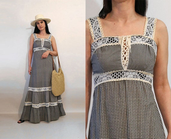 70s Gingham Cotton & Crochet Lace Corset Dress, V… - image 1