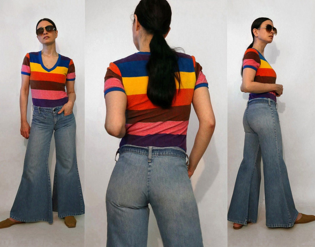 70s Faded Bell Bottom Jeans 30x30.5 / Vintage 1970s Faded Hip Hugger  Elephant Bellbottom Jeans / 1970s 30 31 Waist Flared Jeans 