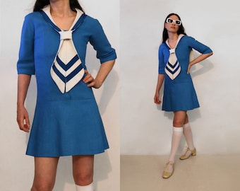 60s Jean Muir Linen Sailor Dress / Vintage Rare Cornflower Blue + White Linen English Designer Jean Muir London Mod Mini Sailor Dress