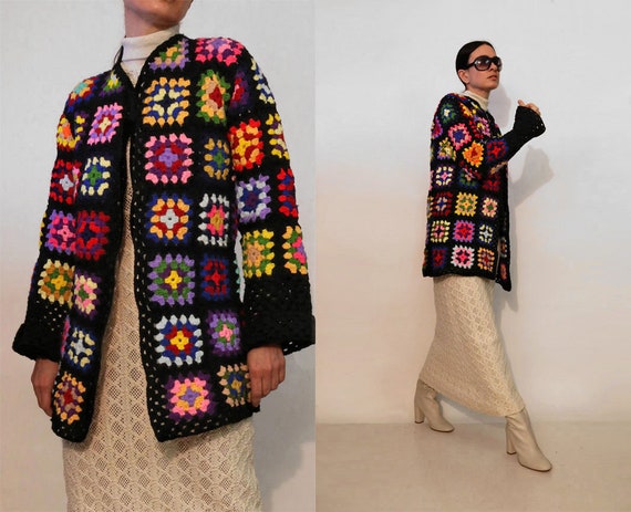 70s Rainbow Crochet Granny Square Knit Cardigan /… - image 1